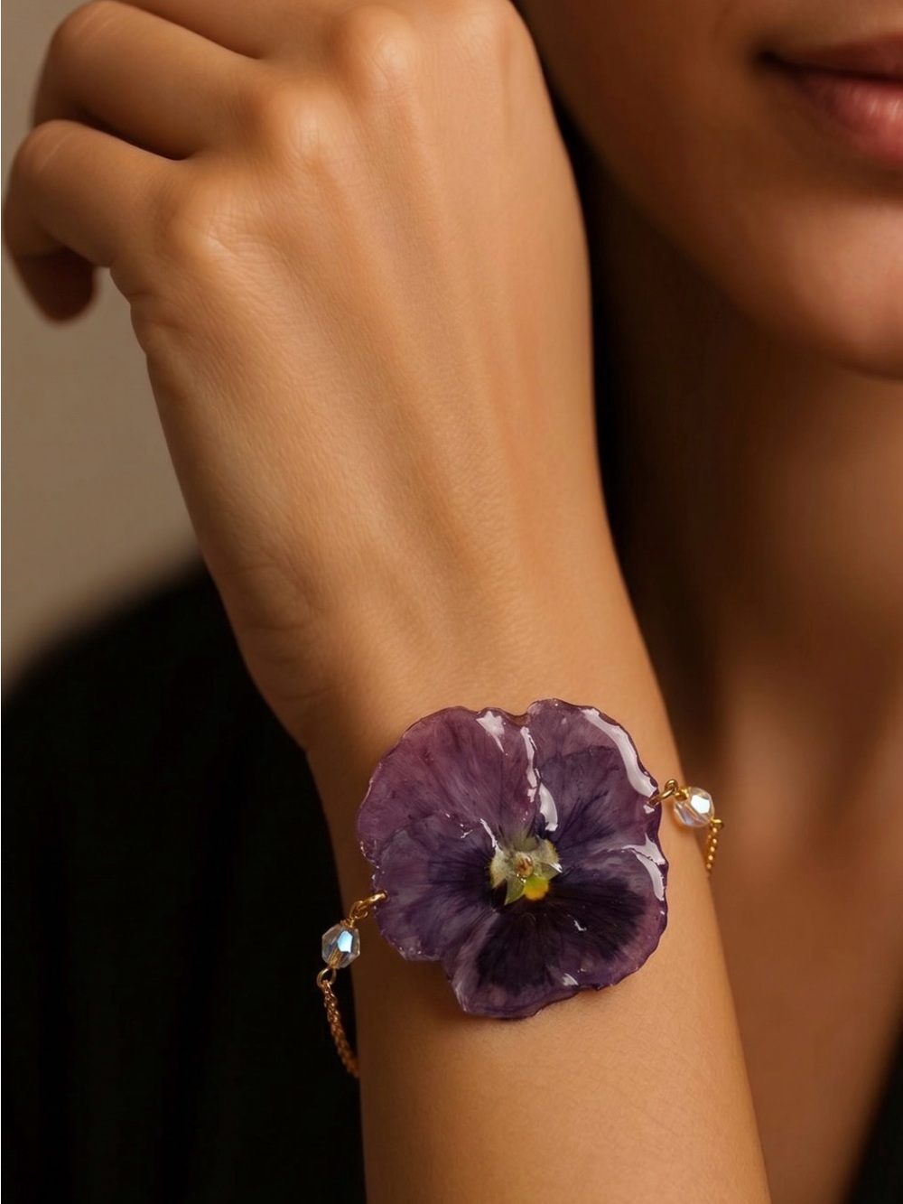 Purple Pansy Floral Bracelet – Gold Chain